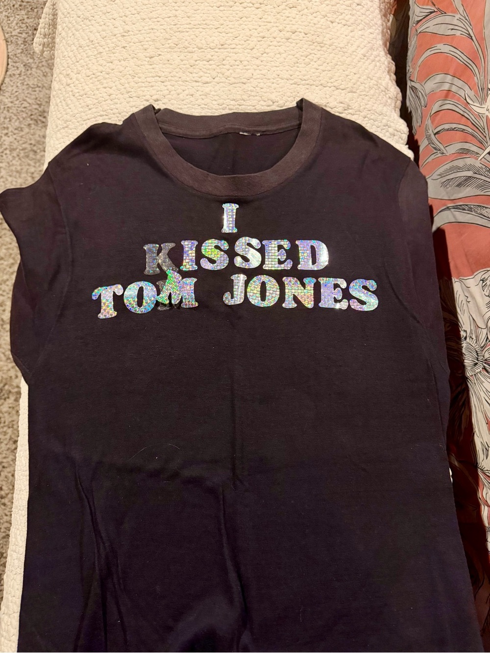 Vintage Black Graphic Tee with Holographic "I Kissed Tom Jones" Print
